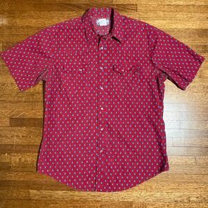 Wrangler Western Men's Large Snap Shirt Red Geometric Pearl Snap Short Sleeve